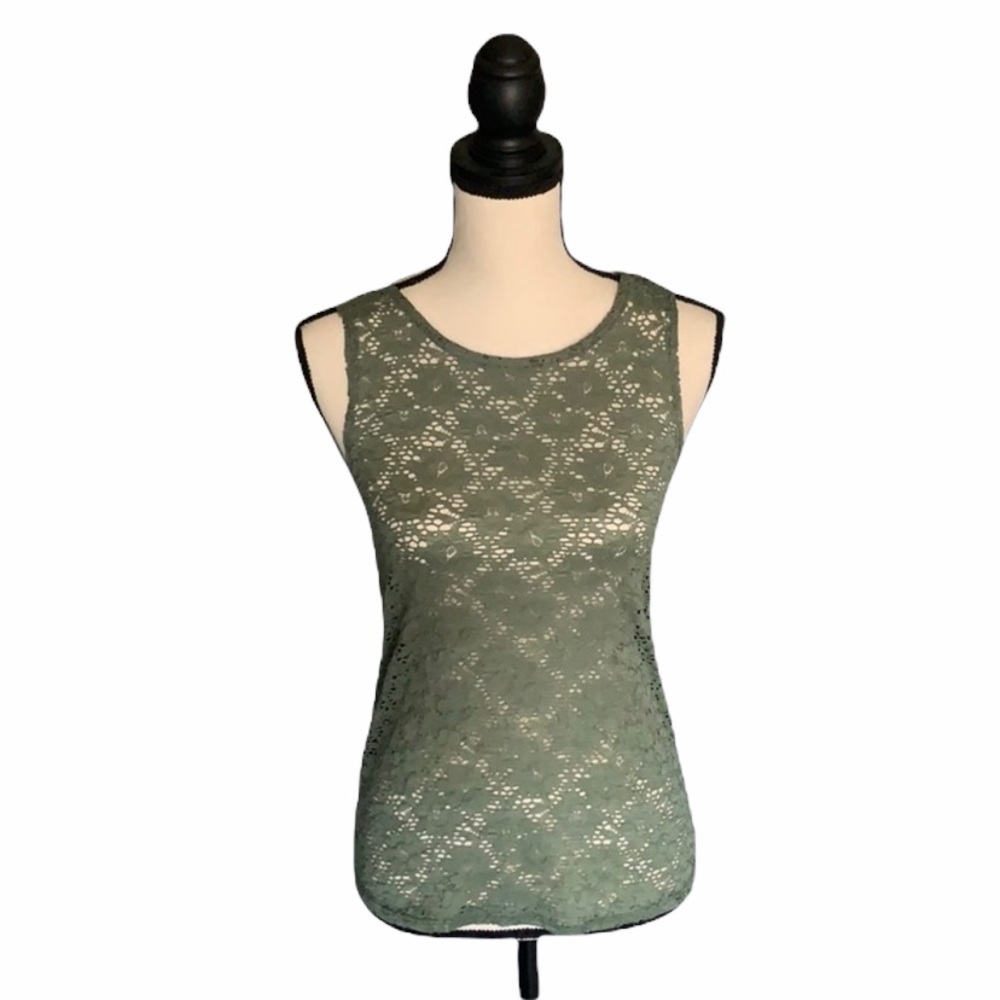 Free Kisses Olive Green Floral Lace Tank Top Gold Back Zipper Detail Medium